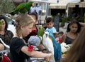 Young tourist teenage girl with parrots on head and shoulders po Royalty Free Stock Photo