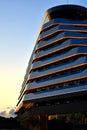 Vodice, Croatia - May 24 2019: Olympia Sky hotel, modern architecture detail, dark blue tonned