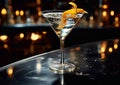 Vodka alcohol cocktail with lemon peel on bar table background.Macro.AI Generative Royalty Free Stock Photo