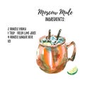 Vodka based Moscow Mule cocktail with ingridients list. Watercolor illustration of the long drink in a copper mug with Royalty Free Stock Photo