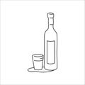 Vodka bottle and glass outline icon on white background. Black white cartoon sketch graphic design. Doodle style. Hand drawn image Royalty Free Stock Photo