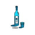 Vodka bottle and glass outline icon on white background. Colored cartoon sketch graphic design. Doodle style. Hand drawn image. Royalty Free Stock Photo