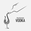 Vodka bottle with glass. Vodka shot splash logo