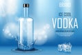 Vodka bottle with ice cubes ad. Strong alcohol drink mock up on shiny blue background and water splash and drops. Vodka Royalty Free Stock Photo