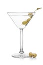 Vodka martini gin cocktail in classic glass with olives on bamboo stickwith fresh green olives on white background with reflection Royalty Free Stock Photo