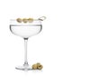 Vodka martini gin cocktail in luxury crystal glass with olives on bamboo stickwith fresh green olives on white background with Royalty Free Stock Photo