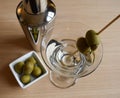 Martini with bowl of olives and drink shaker Royalty Free Stock Photo