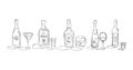 Vodka, martini, tequila, red wine, whiskey. Bottle and glass in hand drawn style. Restaurant illustration for celebration design. Royalty Free Stock Photo