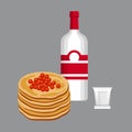 Vodka and pancakes with red caviar. Russian traditional alcohol and snack. Royalty Free Stock Photo