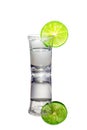 Vodka shot with lime slice and salt.On the white background