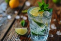 Vodka with soda in a clear glass with lemon, lime, mint and ice on a brutal wooden bar counter Royalty Free Stock Photo