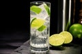 vodka tonic with a wedge of lime in a highball glass