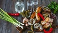 Vodka and traditional snack on wooden background Royalty Free Stock Photo