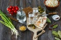 Vodka and traditional snack on wooden background Royalty Free Stock Photo