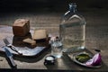 Vodka, vegetables and bread and salt on the table Royalty Free Stock Photo