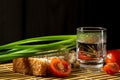 Vodka vegetables still life on the mat home russian style