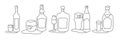 Vodka whiskey liquor beer tequila bottle and glass outline icon on white background. Black white cartoon sketch graphic design. Royalty Free Stock Photo