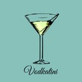 Vodkatini glass sign. Vector alcoholic beverage color illustration.Hand drawn sketch of traditional cocktail with olive. Royalty Free Stock Photo