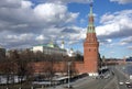 Vodovzvodnaya tower, Ivan the Great Bell Tower and Grand Kremlin Palace of Moscow Kremlin behind the wall on embankment ot the Mos Royalty Free Stock Photo