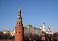 Vodovzvodnaya tower and red Kremlin wall in bright spring sunny day against clear blue sky