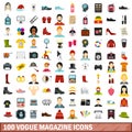 100 vogue magazine icons set, flat style
