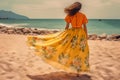 summer woman person beautiful hippie dress fashion sun sea lifestyle beach. Generative AI.