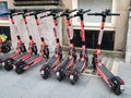Voi E-Scooters in a line for hire, Liverpool, England.