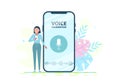 Voice activated digital assistants, internet of things concept. User with voice controlled smart speaker or voice assistant