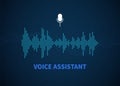 Voice assistant. Color sound recognition wave, and microphone icon button, voice or sound recorder, stereo system