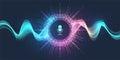 Voice assistant concept. Voice AI chat bot icon. Voice and sound recognition equalizer wave flow background. Personal