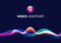 Voice assistant concept page. Personal mobile voice recognition, abstract sound waves. Microphone icon and neon music