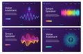 Voice assistant landing pages. Web templates for smart speaker with audio waves and microphone. Online sound recognition