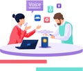 Voice assistant. Smart speaker virtual assistant, sound robot, people using voice controlled smart speaker