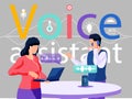 Voice assistant. Smart speaker virtual assistant, sound robot, people using voice controlled smart speaker