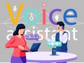 Voice assistant. Smart speaker virtual assistant, sound robot, people using voice controlled smart speaker