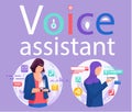 Voice assistant. Smart speaker virtual assistant, sound robot, people using voice controlled smart speaker