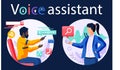 Voice assistant. Smart speaker virtual assistant, sound robot, people using voice controlled smart speaker