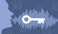 Voice authentication technology vector of head speaking password with white key in sound wave. voice id biometric security