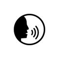 Voice command control with sound waves icon. Man head silhouette speaking logo. Vector on isolated white background. EPS 10