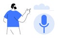 Voice Recognition and Cloud Technology Concept with a Person Pointing and a Microphone Icon Royalty Free Stock Photo