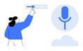 Voice Control Interface with Woman Adjusting Audio Settings and Microphone Icon in Cloud Context Royalty Free Stock Photo