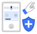 Voice-Controlled Smart Home Interface with Temperature Adjustment and Security Shield Icon Royalty Free Stock Photo
