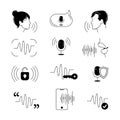 Voice ID tech icons. Simple set of biometric scan related. Person using voice control, Artificial intelligence, lock and