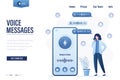 Voice messages landing page template. Young woman uses smartphone. Online chat technology, talking in instant messengers
