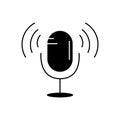 Voice microphone icon in black line style. Symbol for audio recording and radio broadcast. Simple sound studio logotype