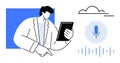 Man Using Tablet with Voice Recognition Technology and Sound Waves in a Cloud-Connected Interface Royalty Free Stock Photo