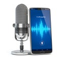 Voice Recognition concept. Microphone and smartphone or mobile phone with waves on the screen