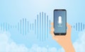 Voice recognition technology with hand hold smartphone and noise wave background with modern flat style - vector