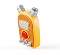 Voice recorder, dictaphone 3d render icon. Gold device with red button for recording sound, dictate messages and speech