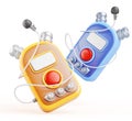 Voice recorders with small lavalier microphones 3d render. Isolated blue and yellow dictaphone with lapel mic and cable